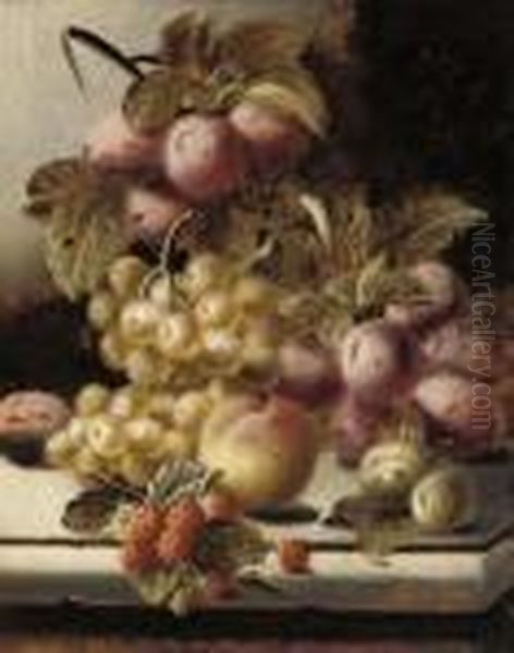 Plums, Grapes, A Peach And 
Raspberries On A Stone Ledge; And Grapes, Greengages, Strawberry, Pear 
And Gooseberries On A Stone Ledge Oil Painting by Oliver Clare