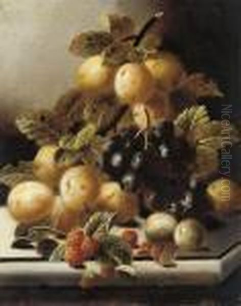 Greengages, Grapes And 
Raspberries On A Stone Ledge; And Plums, Gooseberries And A Peach On A 
Stone Ledge Oil Painting by Oliver Clare