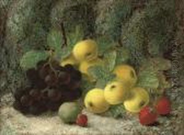 Grapes, Apples, Plum, Raspberries And Strawberries On A Mossy Bank Oil Painting by Oliver Clare