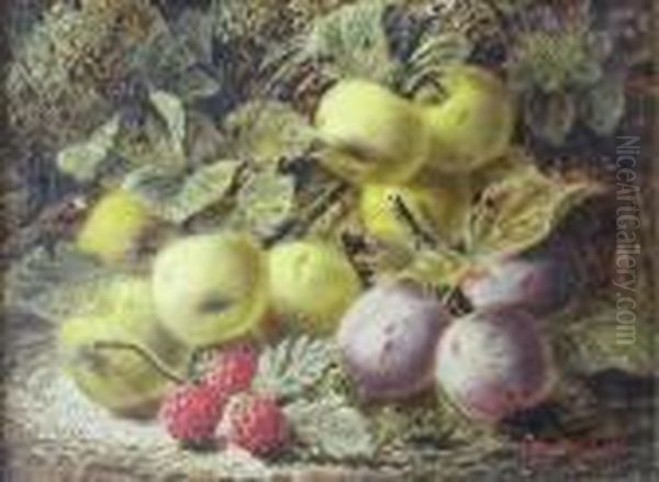 Still Life Of Apples, Plums And Raspberries On A Mossy Bank Oil Painting by Oliver Clare