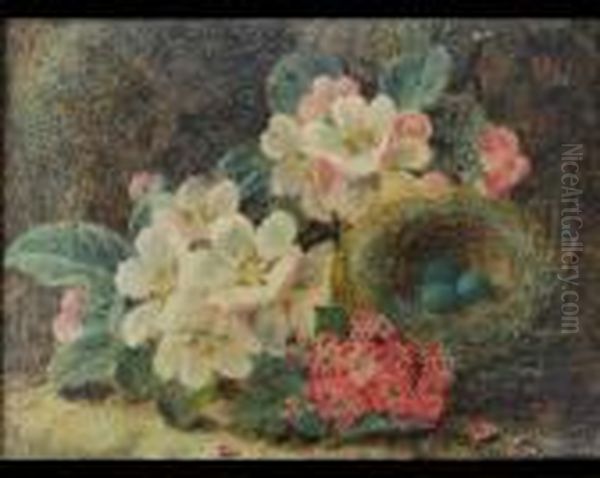 Birds Nest And Apple Blossom On A Mossy Bank Oil Painting by Oliver Clare