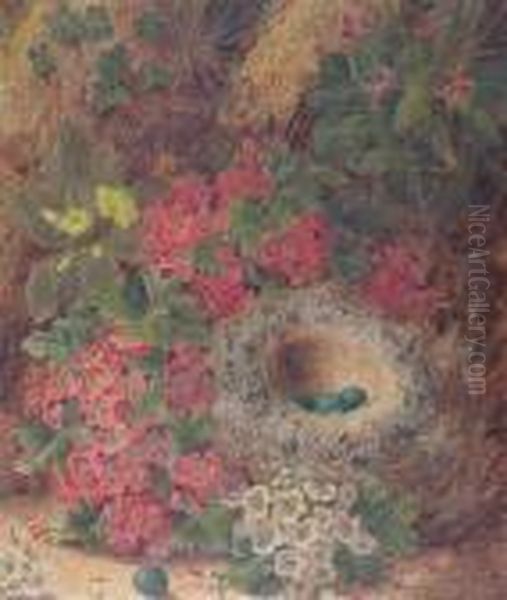 Still Lives Of Fruit And A Bird's Nest On Mossy Ground Oil Painting by Oliver Clare