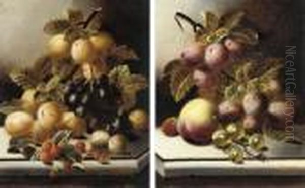 Greengages, Grapes And 
Rasperries On A Stone Ledge; And Plums,gooseberries And A Peach On A 
Stone Ledge Oil Painting by Oliver Clare