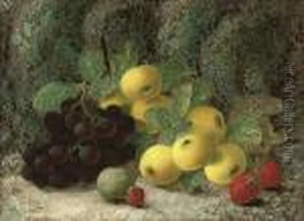 Grapes, Apples, Plum, Raspberries And Strawberries On A Mossybank Oil Painting by Oliver Clare