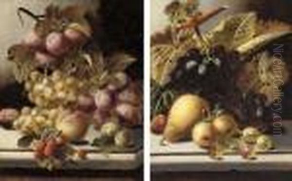 Plums, Grapes, A Peach And 
Raspberries On A Stone Ledge; Andgrapes, Greengages, Strawberry, Pear 
And Gooseberries On A Stoneledge Oil Painting by Oliver Clare