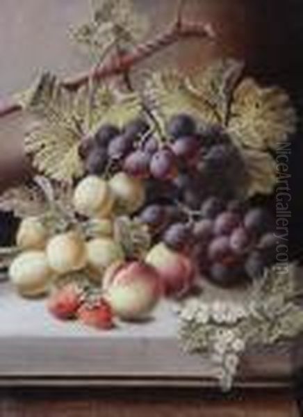 Black Grapes, Greengages, Peaches Andstrawberries On A Stone Ledge Oil Painting by Oliver Clare