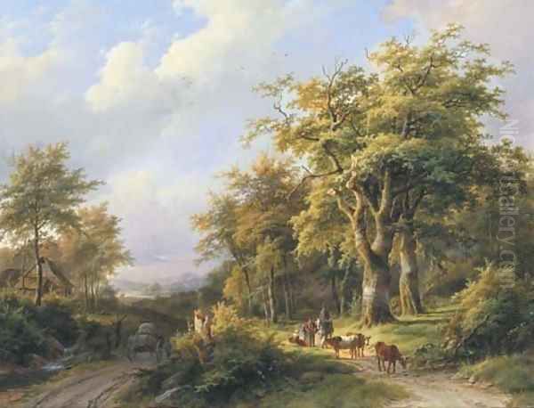 Travellers resting on a forest path in a wooded valley Oil Painting by Johann Bernard Klombeck