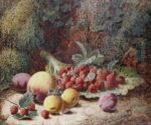 Raspberries, Plums And Other Fruit On A Mossy Bank Oil Painting by Oliver Clare