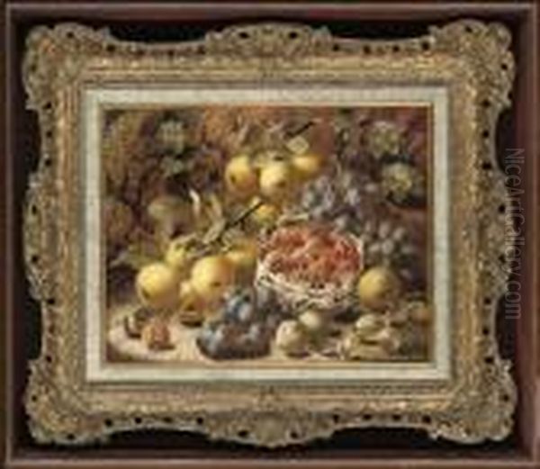 Greengages, Grapes, Strawberries And Gooseberries On A Mossybank Oil Painting by Oliver Clare