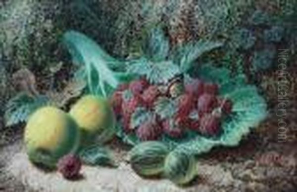 Raspberries On A Cabbage Leaf, 
Apples Andgooseberries; A Sprig Of Greengages, Strawberries, A Peach And
 Aplum Oil Painting by Oliver Clare