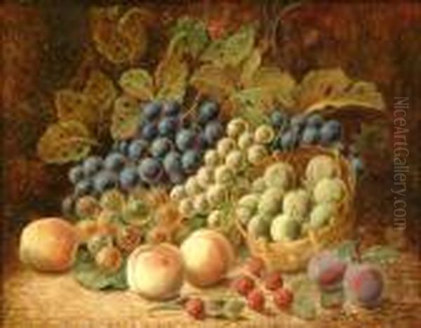 Still Life Of Fruit Ona Mossy Bank Oil Painting by Oliver Clare