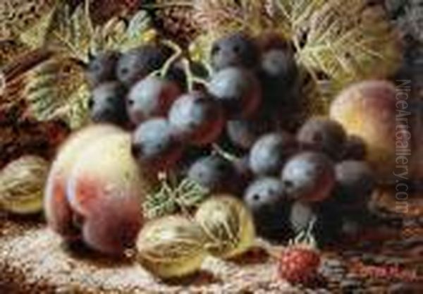 Grapes, Plums And Strawberries 
On A Mossybank; Grapes, Peaches, Gooseberries And A Raspberry On A 
Mossybank Oil Painting by Oliver Clare