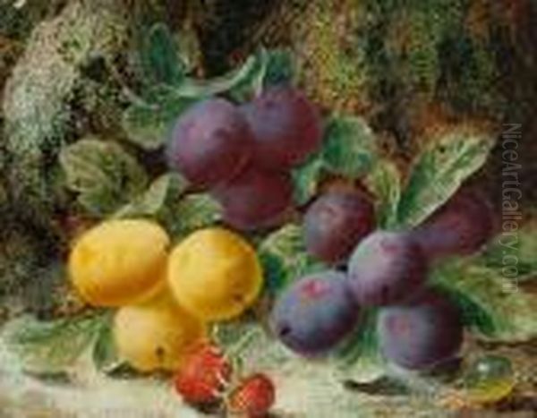 Still Life Of Plums And Strawberries On Amossy Bank Oil Painting by Oliver Clare