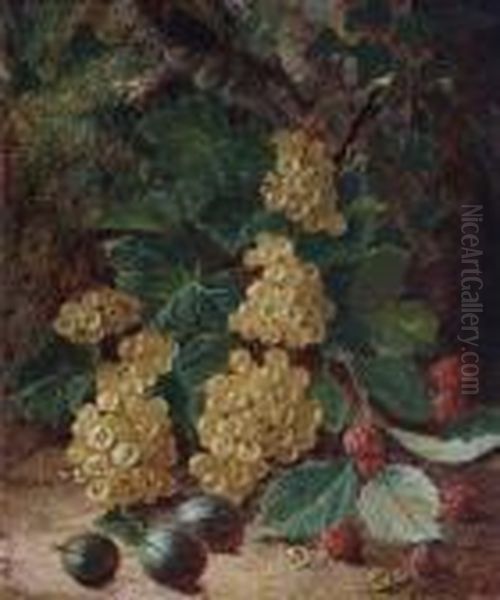 Whitecurrants, Raspberries And 
Gooseberriesagainst A Mossy Bank; Black Grapes, Raspberries, Greengages 
And Apeach Against A Bank Oil Painting by Oliver Clare