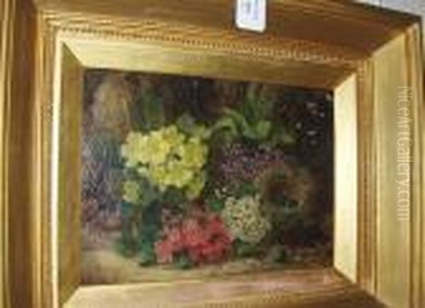 Still Life With Bird's Nest And Primroses On Amossy Bank, Signed Oil Painting by Oliver Clare