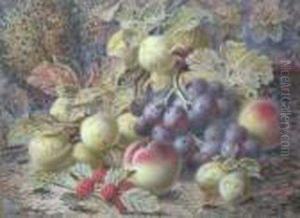 A Still Life Composition Of Grapes, Plums And Raspberries Oil Painting by Oliver Clare