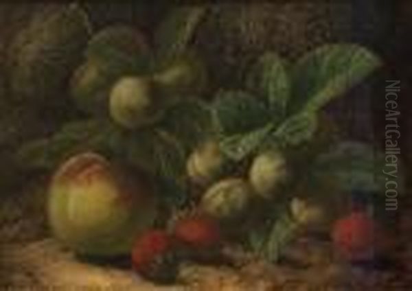 Still Life With Peach, Greengages And Strawberries Oil Painting by Oliver Clare