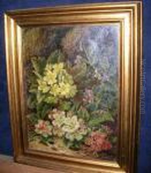 Still Life Ofprimroses And Apple Blossom On A Mossy Bank Oil Painting by Oliver Clare