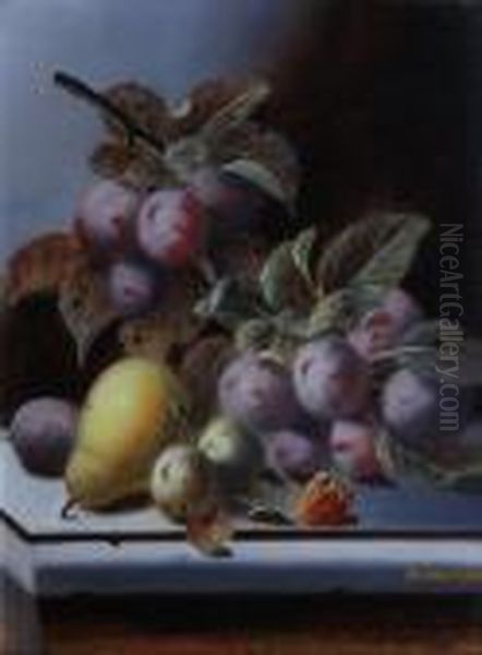 Black Grapes, Plums, Peaches, 
Gooseberries And Raspberries On A Ledge; Plums, Greengages, A Pear And A
 Strawberry On A Ledge Oil Painting by Oliver Clare