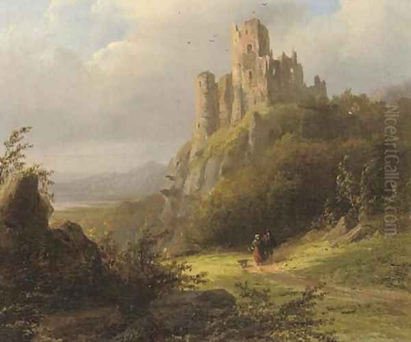 Travellers on a sunlit path by a ruin Oil Painting by Johann Bernard Klombeck