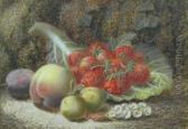 Still Life Of Strawberries And Plums On A Mossy Bank Oil Painting by Oliver Clare