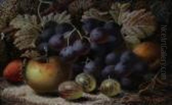 Still Life Study Depicting An Apple, Goosberriesand Other Fruit On A Mossy Bank Oil Painting by Oliver Clare