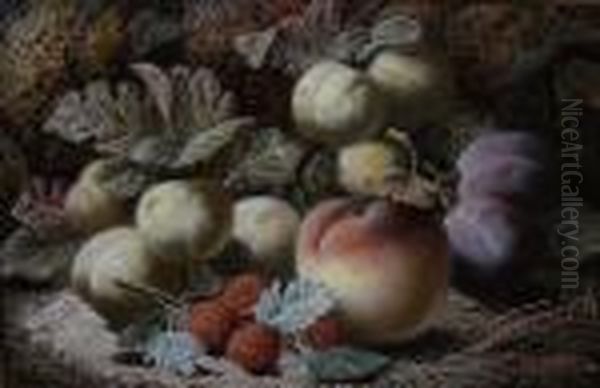 Still Life Study Depicting Fruit Upon A Mossy Bank Oil Painting by Oliver Clare