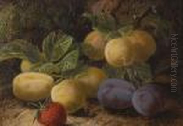 Greengages, Plums And Strawberry On A Mossy Bank Oil Painting by Oliver Clare