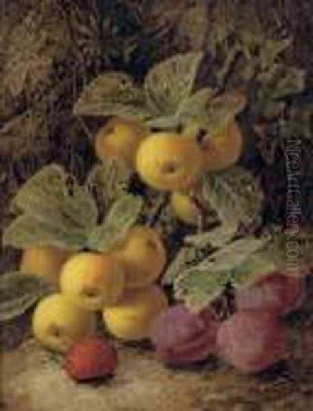 Plums And A Strawberry; And Grapes, Green Plums And Strawberries Oil Painting by Oliver Clare