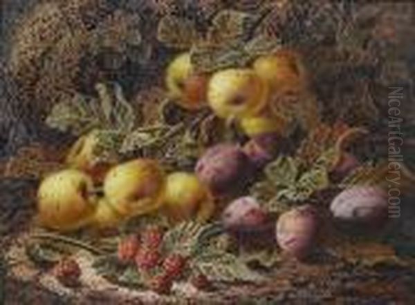 Still Live Of Fruit On A Mossy Bank; Still Life Of Fruit On A Ledge Oil Painting by Oliver Clare