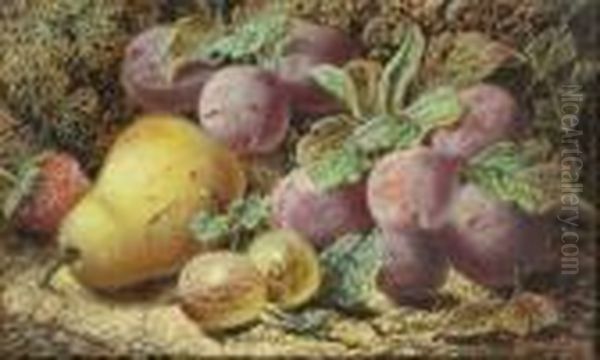 A Still Life Of Fruit On A Mossy Bank Oil Painting by Oliver Clare