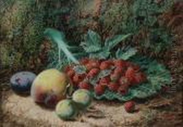 Raspberries On A Cabbage Leaf, 
Greengages, A Plum And A Peach Against A Mossy Bank; Black Grapes, 
Apples, Gooseberries And Strawberries Against A Mossy Bank Both 'oliver
 Clare' Oil Painting by Oliver Clare