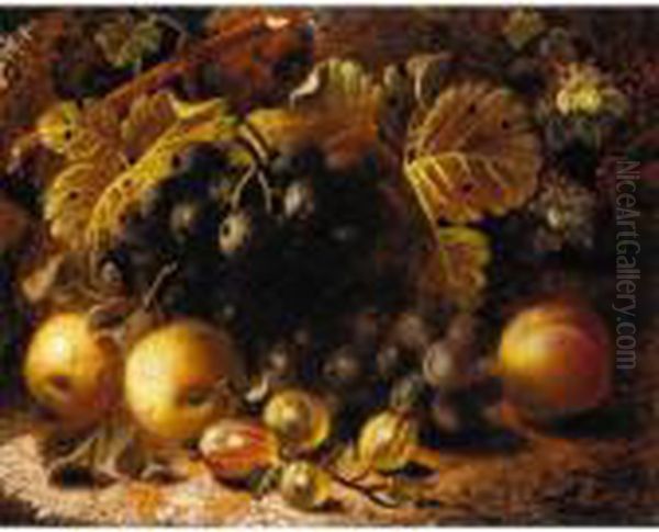 Still Life Of Goosebery's And Grapes; Still Life Of Bird's Nest With Flowers Oil Painting by Oliver Clare