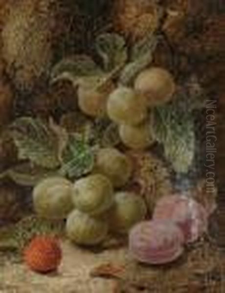 Still Life Of Grapes, Plums And A Strawberry Oil Painting by Oliver Clare