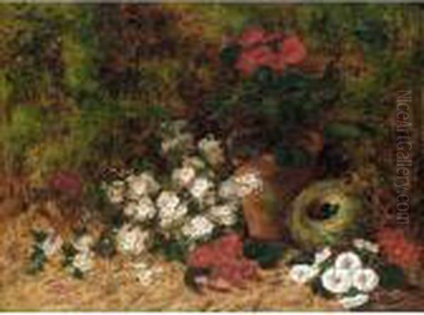 Still Life With Flowers And A Bird Nest Oil Painting by Oliver Clare