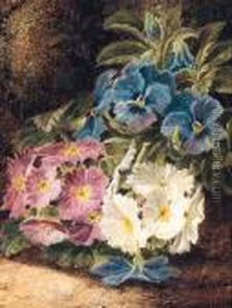 Pansies And Primulas, On A Mossy Bank Oil Painting by Oliver Clare