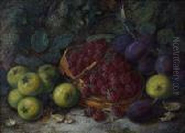 Raspberries, Plums And Apples On A Mossy Bank Oil Painting by Vincent Clare