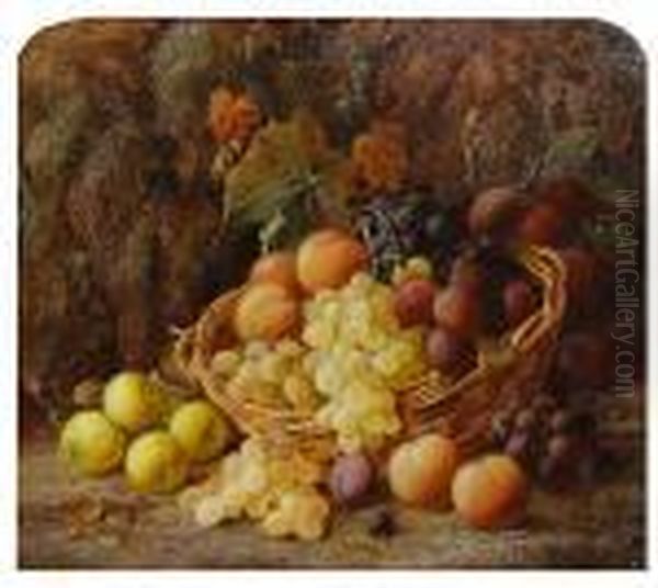 Peaches, Grapes And Plums In A Basket Withapples On A Mossy Bank Oil Painting by Vincent Clare