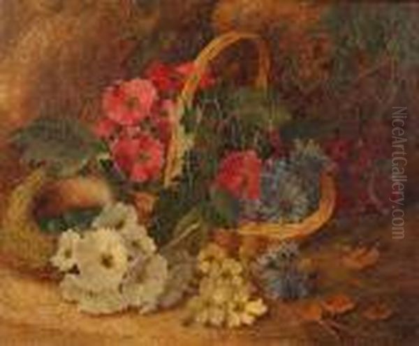 Still Life Of Grapes In A Basket, And Anotherof Flowers On A Mossy Bank A Pair Oil Painting by Vincent Clare