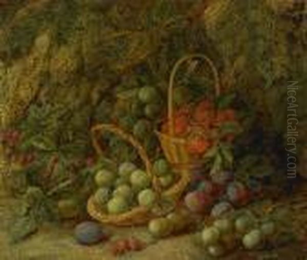 A Still Life With Strawberries In A Basket On A Mossy Bank Oil Painting by Vincent Clare