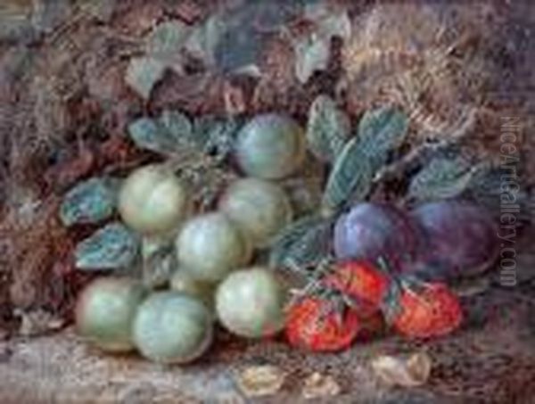 Still Life Of Plums, Greengages And Strawberries On A Mossy Bank Oil Painting by Vincent Clare