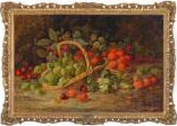 Gooseberries, Strawberries, 
Raspberries, Cherries And Grapes Inbaskets On A Mossy Bank With Ivy Oil Painting by Vincent Clare