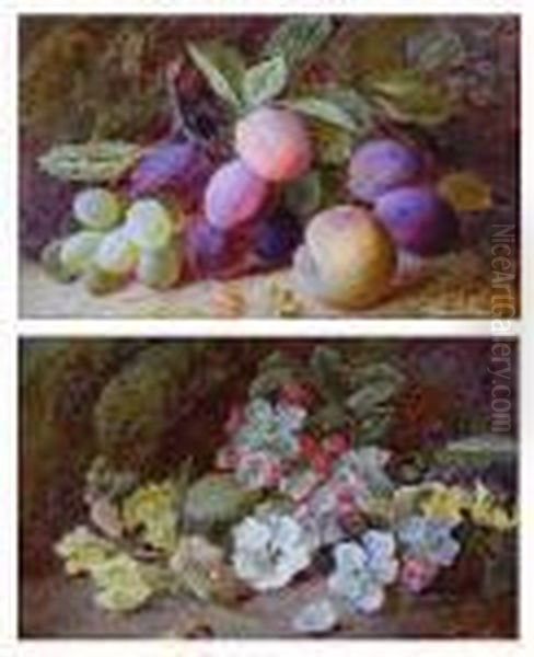 Green Grapes, Plums And A Peach; Dog Roses Andyellow Snapdragons Oil Painting by Vincent Clare