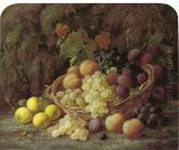 Peaches, Grapes And Plums In A Basket With Apples On A Mossy Bank Oil Painting by Vincent Clare