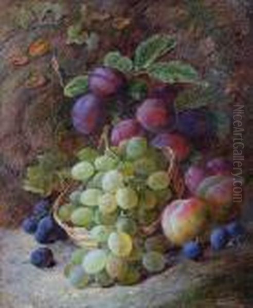 Still Life Of Grapes And Plums On A Mossy Bank Oil Painting by Vincent Clare