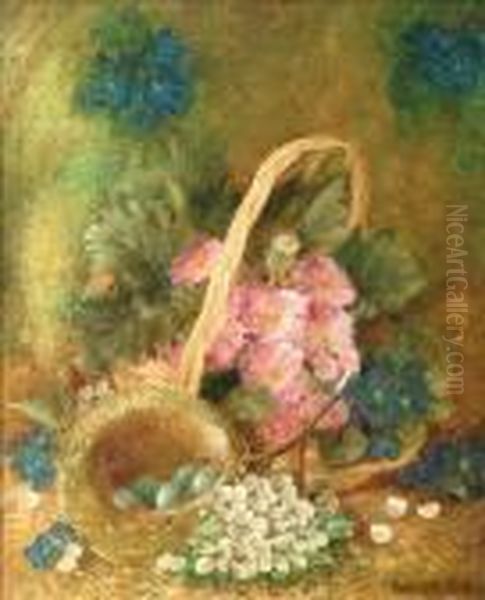 A Still Life Offlowers In A Basket And A Nest Of Eggs Oil Painting by Vincent Clare