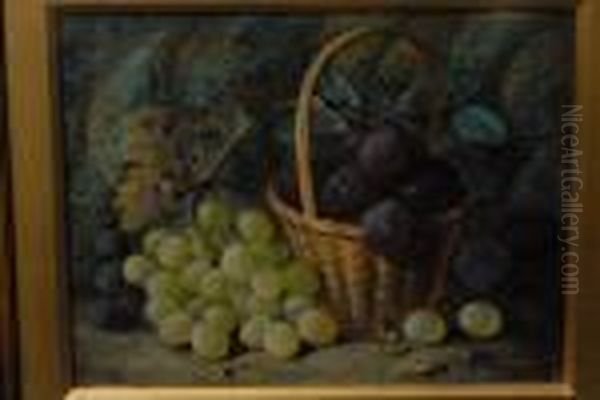 Still Life, A Basket Of Ripe Plums And Grapes On A Mossy Bank Oil Painting by Vincent Clare