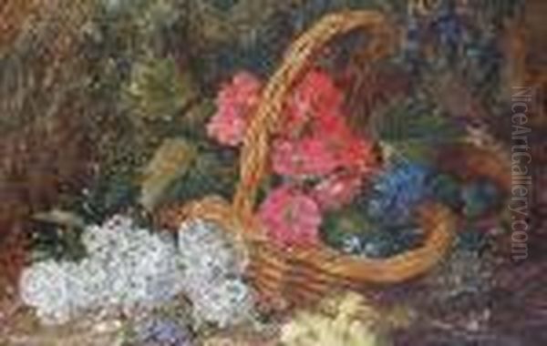 A Basket Of Flowers On A Mossy Bank Oil Painting by Vincent Clare