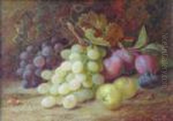 A Still Life With Grapes Plums And Apples On Mossy Bank Oil Painting by Vincent Clare