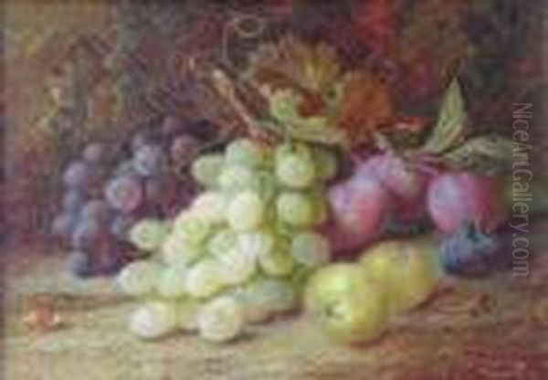 A Still Life With Grapesplums And Apples On Mossy Bank Oil Painting by Vincent Clare